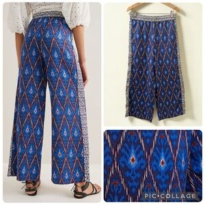 Anthropologie Vale Ikat Stripe Wide Leg Flowy Pants Blue Boho Palazzo Pull-On M